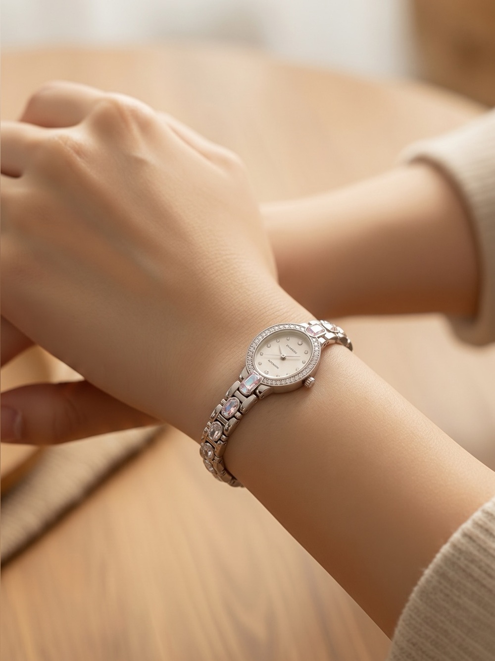 Elgen White Gold plated 925 Silver Watch with a Pink Emerald and Diamonds